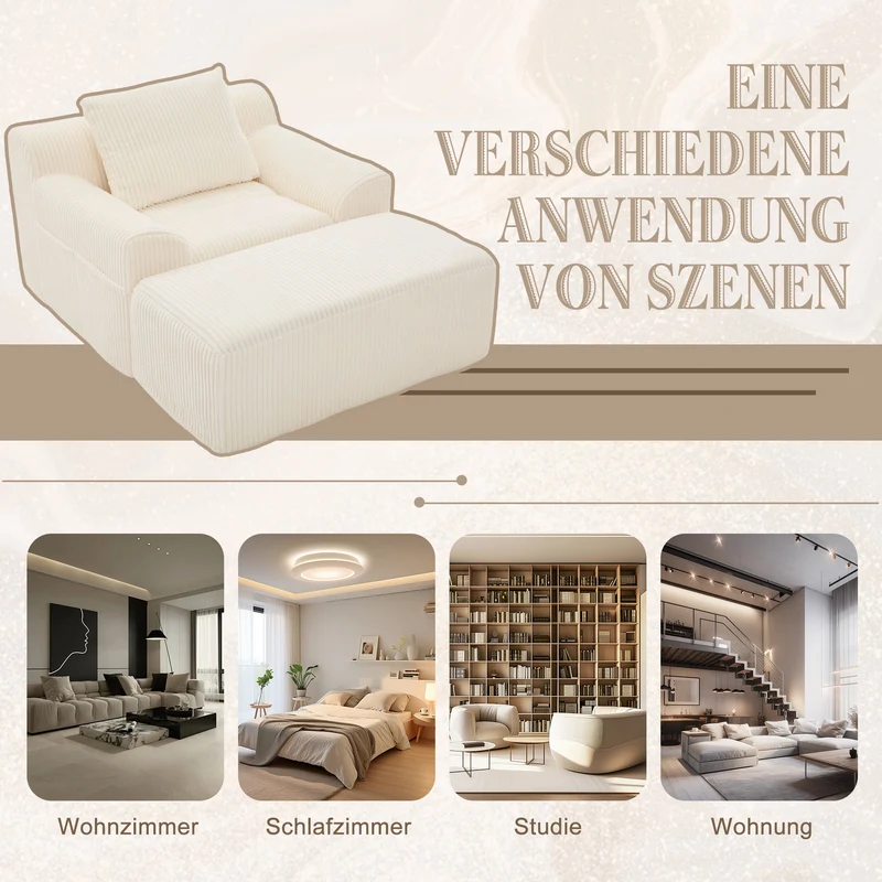 Canapé simple fauteuil XXL en velours côtelé blanc, dossier profond, repose pied, coussin & poches latérales, sans montage TRONACRYSTAL