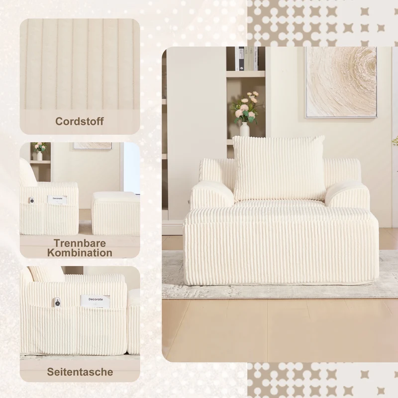 Canapé simple fauteuil XXL en velours côtelé blanc, dossier profond, repose pied, coussin & poches latérales, sans montage TRONACRYSTAL