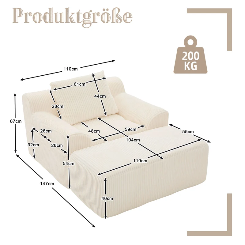 Canapé simple fauteuil XXL en velours côtelé blanc, dossier profond, repose pied, coussin & poches latérales, sans montage TRONACRYSTAL