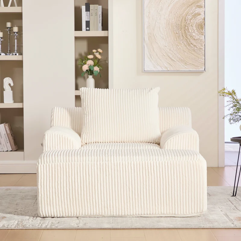 Canapé simple fauteuil XXL en velours côtelé blanc, dossier profond, repose pied, coussin & poches latérales, sans montage TRONACRYSTAL