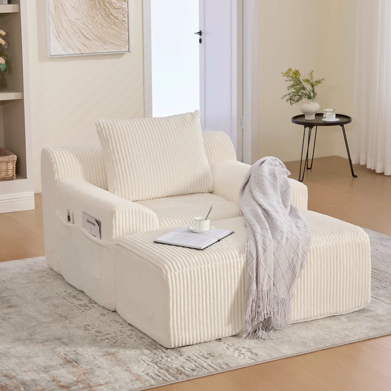 Canapé simple fauteuil XXL en velours côtelé blanc, dossier profond, repose pied, coussin & poches latérales, sans montage TRONACRYSTAL