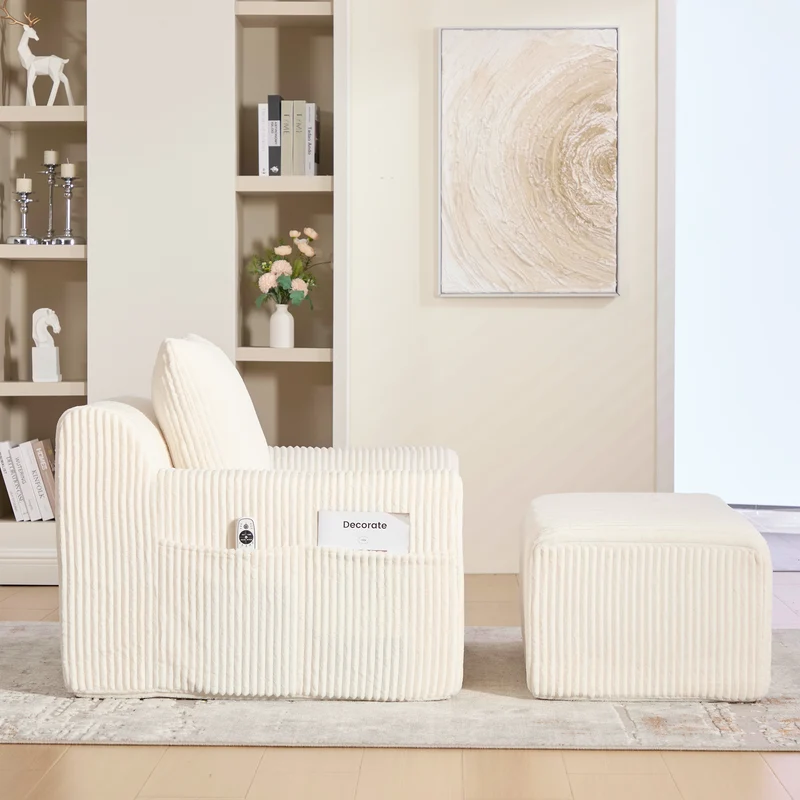 Canapé simple fauteuil XXL en velours côtelé blanc, dossier profond, repose pied, coussin & poches latérales, sans montage TRONACRYSTAL