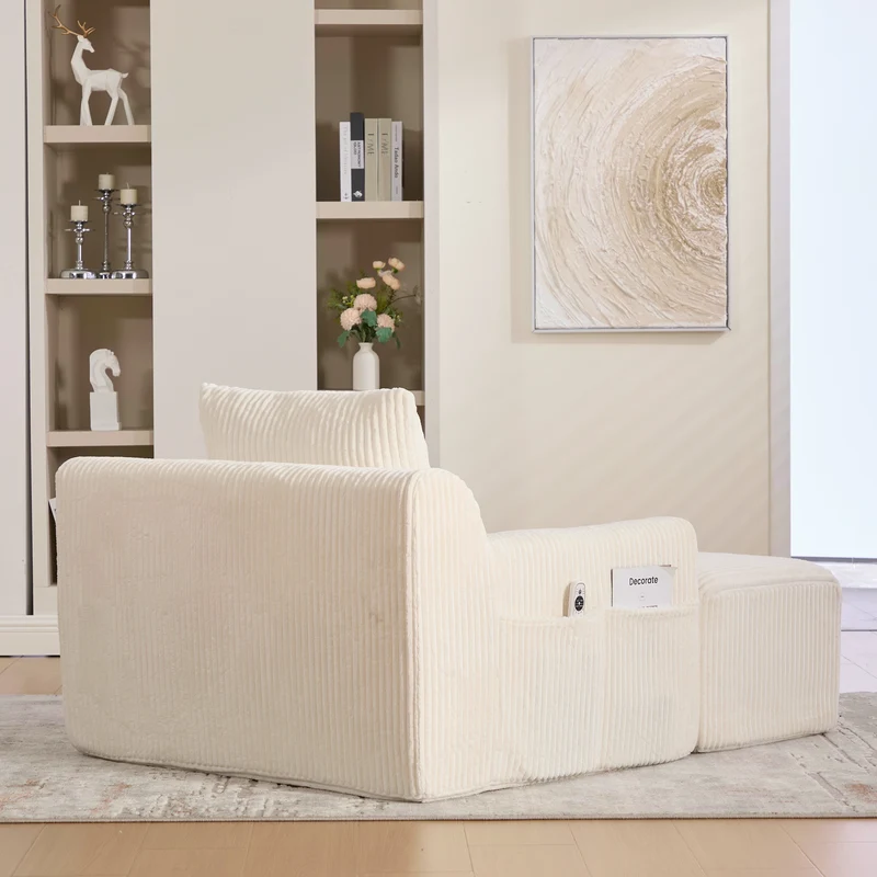Canapé simple fauteuil XXL en velours côtelé blanc, dossier profond, repose pied, coussin & poches latérales, sans montage TRONACRYSTAL
