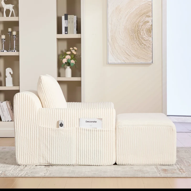 Canapé simple fauteuil XXL en velours côtelé blanc, dossier profond, repose pied, coussin & poches latérales, sans montage TRONACRYSTAL