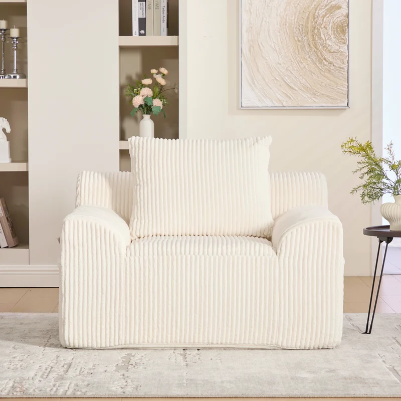 Canapé simple fauteuil XXL en velours côtelé blanc, dossier profond, repose pied, coussin & poches latérales, sans montage TRONACRYSTAL