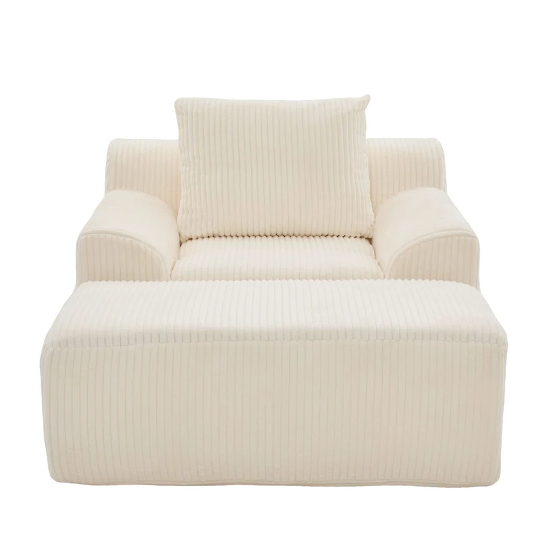 Canapé simple fauteuil XXL en velours côtelé blanc, dossier profond, repose pied, coussin & poches latérales, sans montage TRONACRYSTAL
