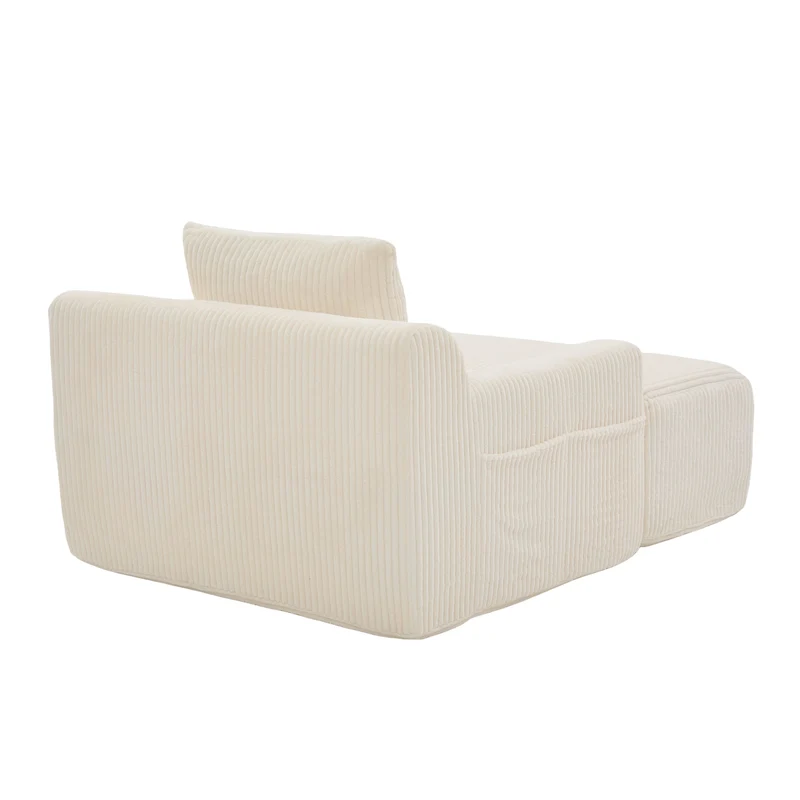 Canapé simple fauteuil XXL en velours côtelé blanc, dossier profond, repose pied, coussin & poches latérales, sans montage TRONACRYSTAL
