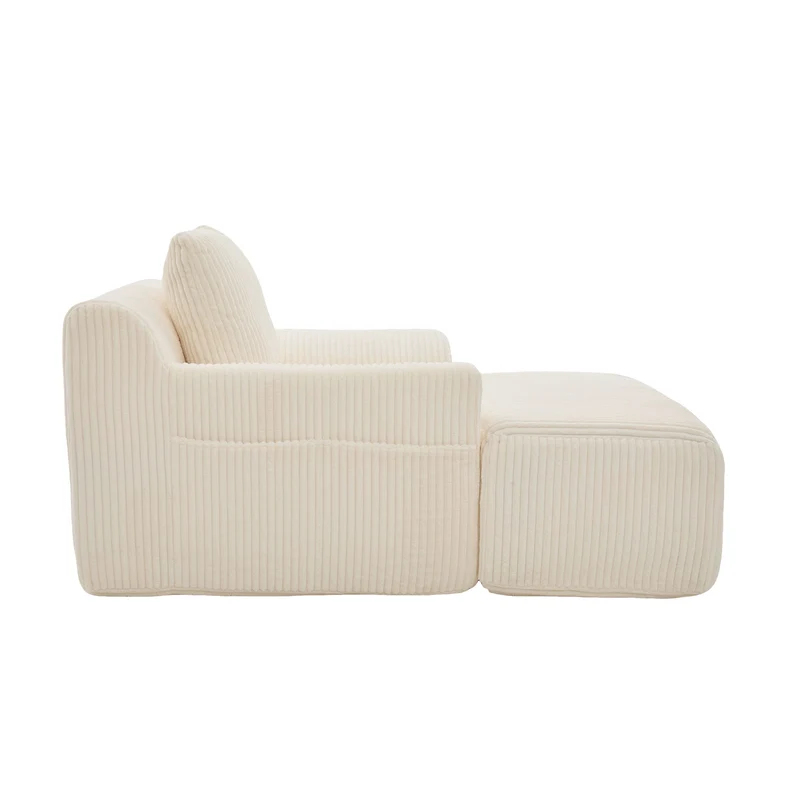 Canapé simple fauteuil XXL en velours côtelé blanc, dossier profond, repose pied, coussin & poches latérales, sans montage TRONACRYSTAL