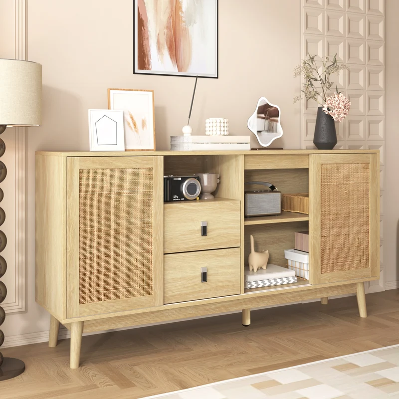 Buffet effet bois avec 3 portes coulissantes en rotin et 2 tiroirs 155x38x80cm USOH WOOD