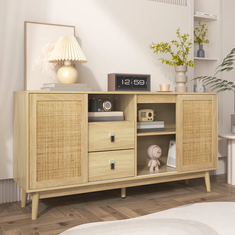 Buffet effet bois avec 3 portes coulissantes en rotin et 2 tiroirs 155x38x80cm USOH WOOD