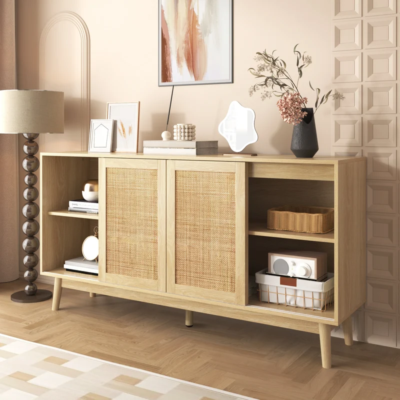 Buffet effet bois avec 3 portes coulissantes en rotin et 2 tiroirs 155x38x80cm USOH WOOD