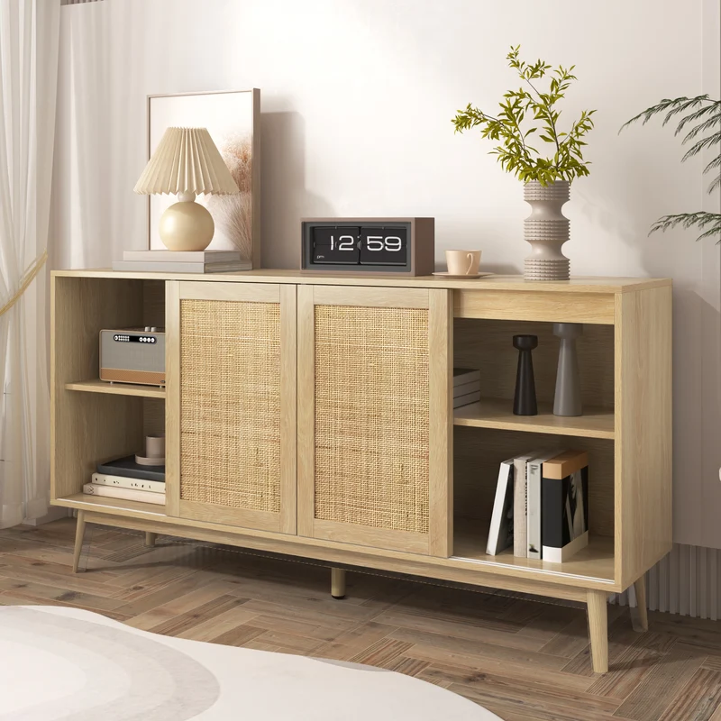 Buffet effet bois avec 3 portes coulissantes en rotin et 2 tiroirs 155x38x80cm USOH WOOD