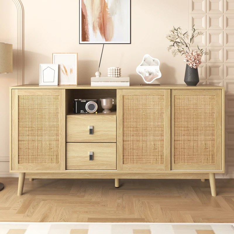 Buffet effet bois avec 3 portes coulissantes en rotin et 2 tiroirs 155x38x80cm USOH WOOD