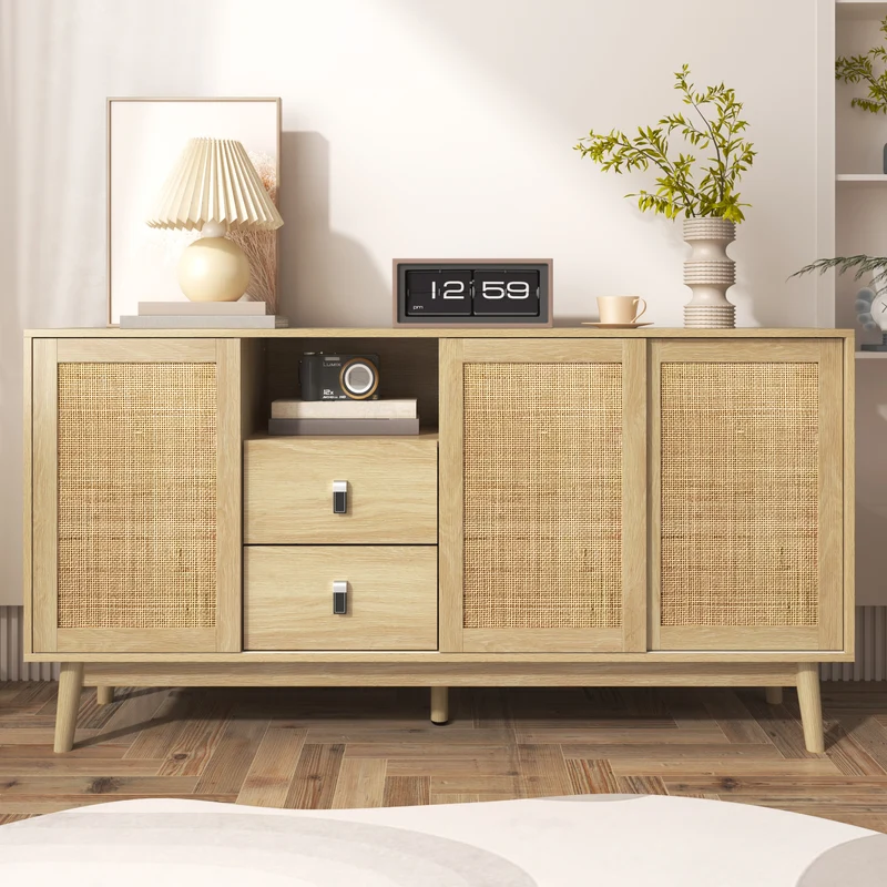 Buffet effet bois avec 3 portes coulissantes en rotin et 2 tiroirs 155x38x80cm USOH WOOD