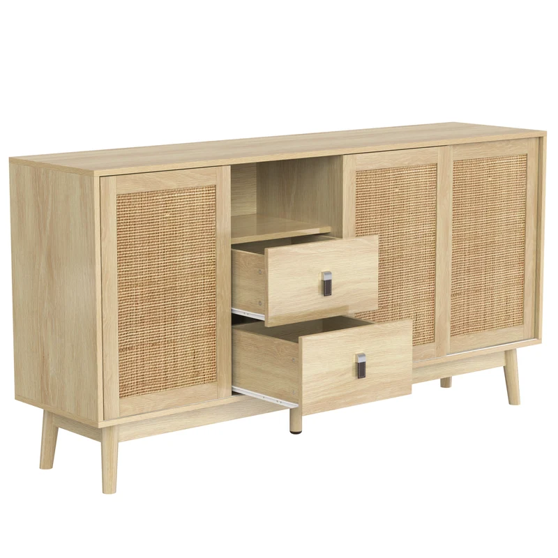 Buffet effet bois avec 3 portes coulissantes en rotin et 2 tiroirs 155x38x80cm USOH WOOD