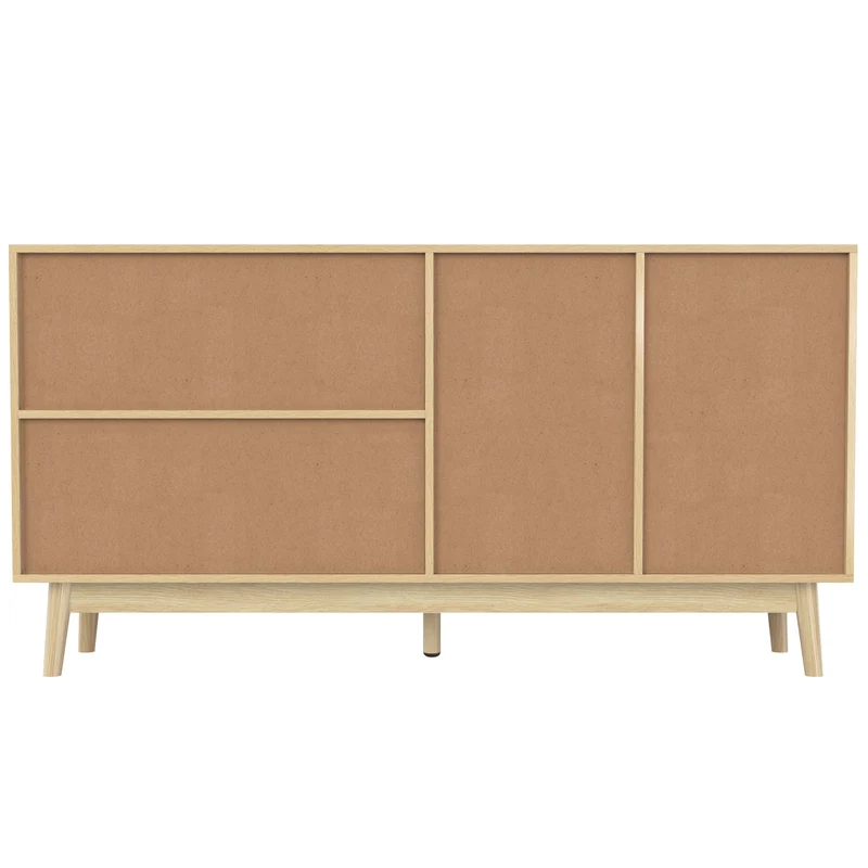 Buffet effet bois avec 3 portes coulissantes en rotin et 2 tiroirs 155x38x80cm USOH WOOD