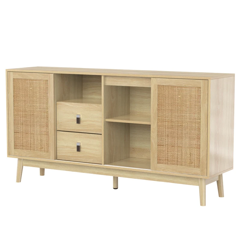 Buffet effet bois avec 3 portes coulissantes en rotin et 2 tiroirs 155x38x80cm USOH WOOD