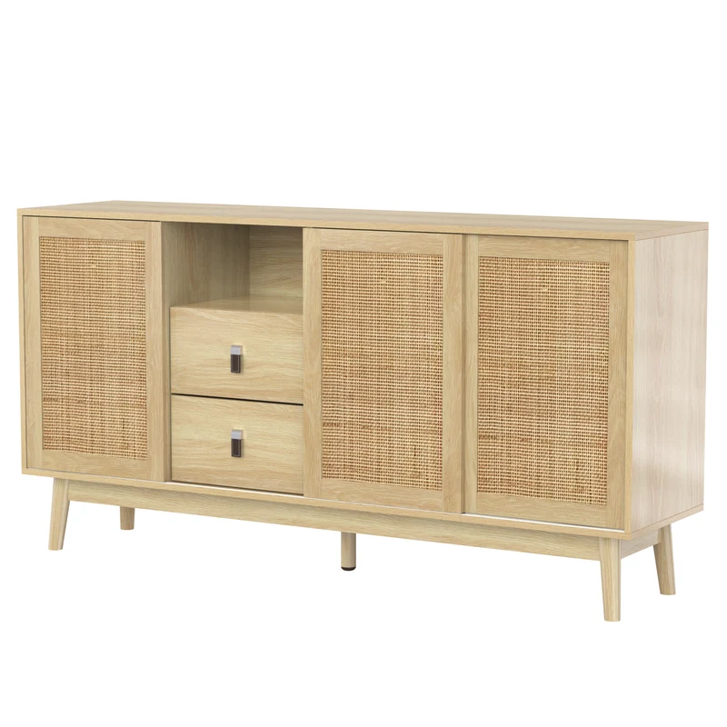 Buffet effet bois avec 3 portes coulissantes en rotin et 2 tiroirs 155x38x80cm USOH WOOD