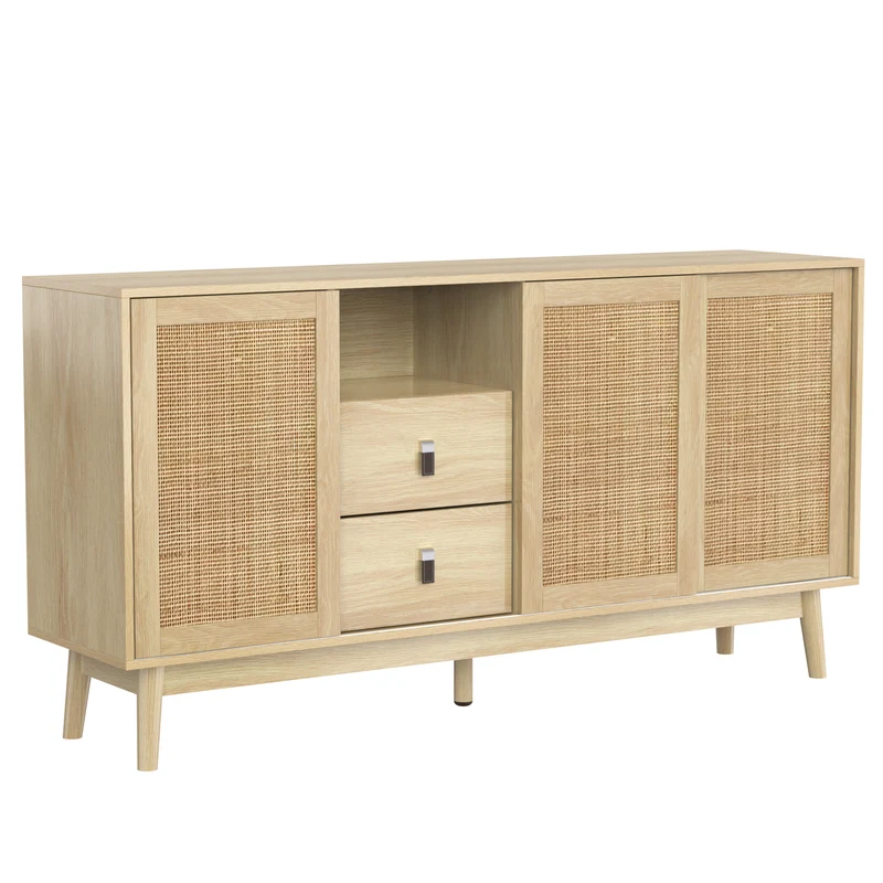 Buffet effet bois avec 3 portes coulissantes en rotin et 2 tiroirs 155x38x80cm USOH WOOD