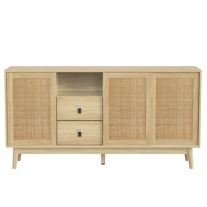 Buffet effet bois avec 3 portes coulissantes en rotin et 2 tiroirs 155x38x80cm USOH WOOD