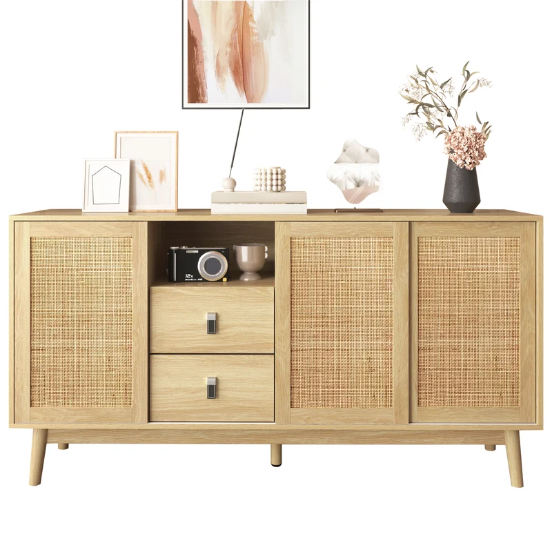 Buffet effet bois avec 3 portes coulissantes en rotin et 2 tiroirs 155x38x80cm USOH WOOD