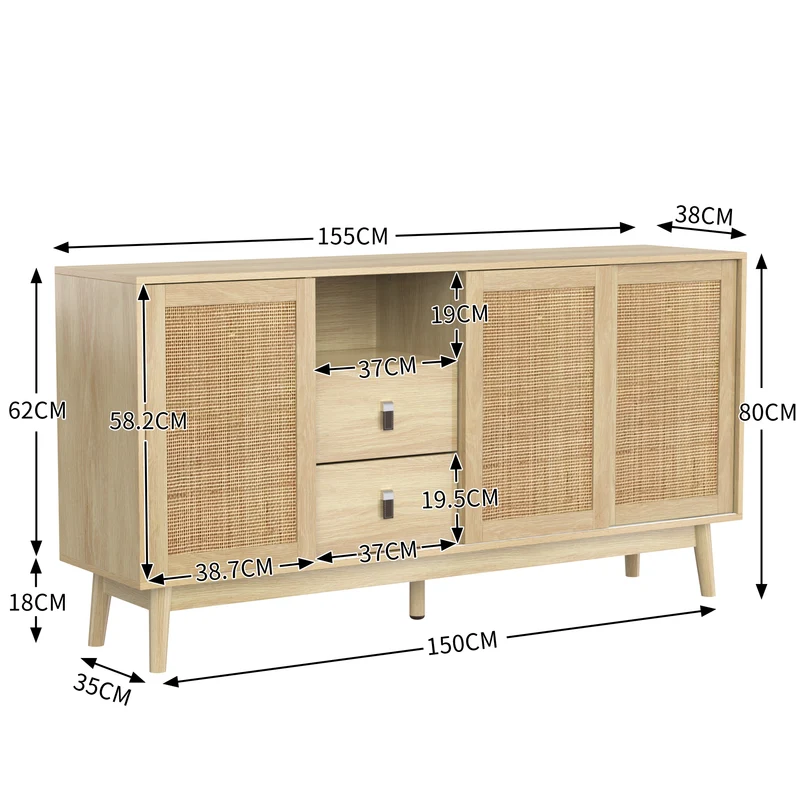 Buffet effet bois avec 3 portes coulissantes en rotin et 2 tiroirs 155x38x80cm USOH WOOD
