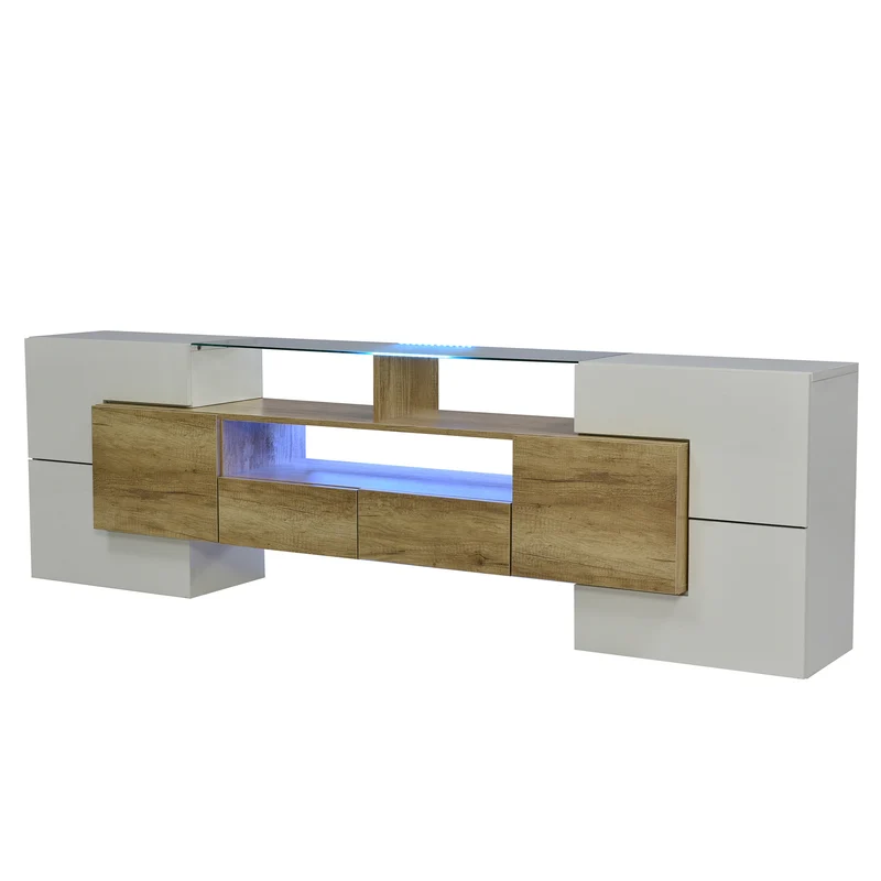 Meuble TV élégant blanc brillant éclairage LED, meuble de salon Design moderne surface en verre KARKRANS