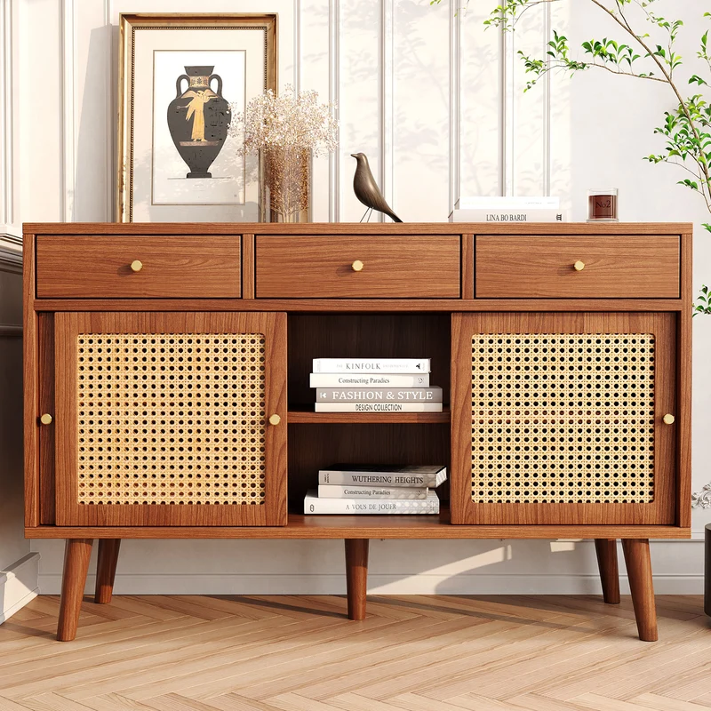 Buffet effet noyer vintage 3 tiroirs et 3 portes coulissantes en rotin UGELL