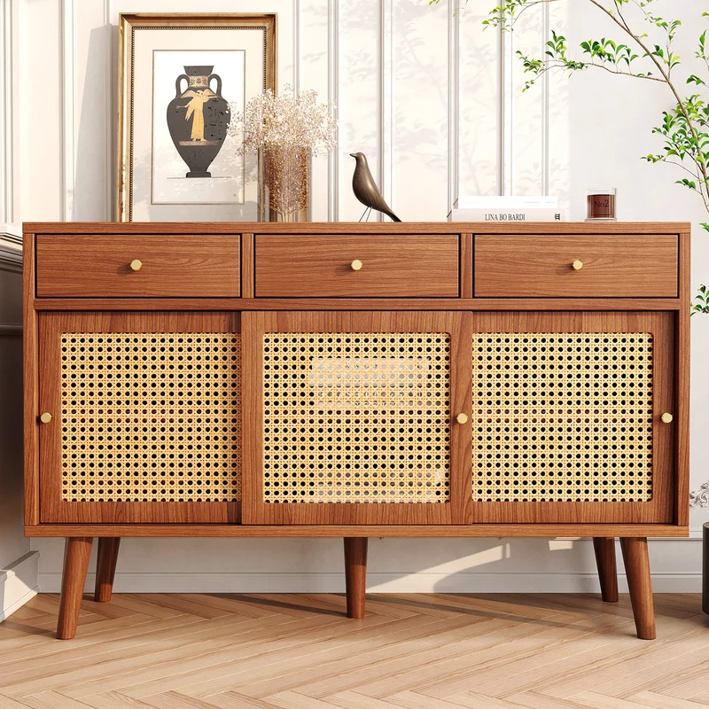 Buffet effet noyer vintage 3 tiroirs et 3 portes coulissantes en rotin UGELL
