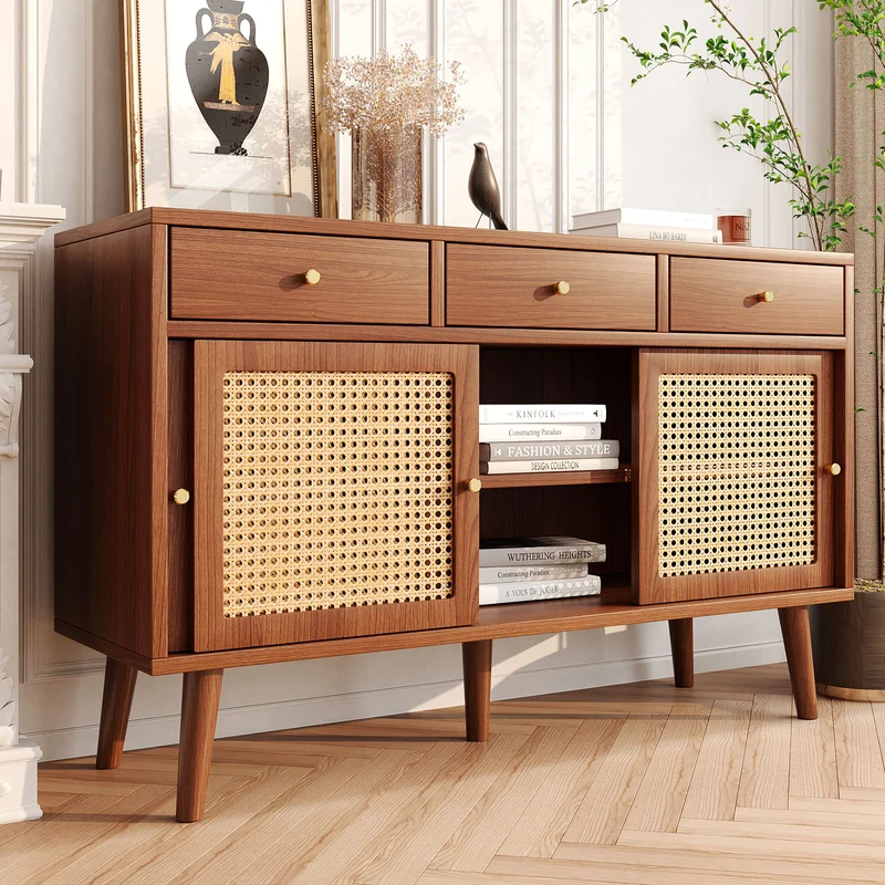 Buffet effet noyer vintage 3 tiroirs et 3 portes coulissantes en rotin UGELL