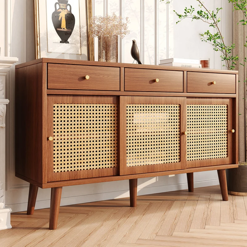 Buffet effet noyer vintage 3 tiroirs et 3 portes coulissantes en rotin UGELL