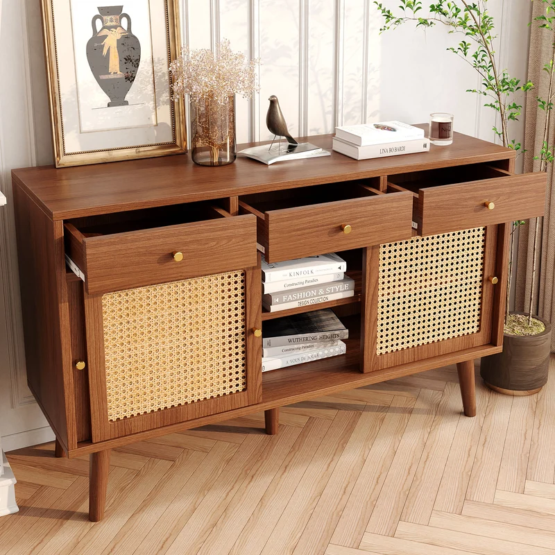 Buffet effet noyer vintage 3 tiroirs et 3 portes coulissantes en rotin UGELL