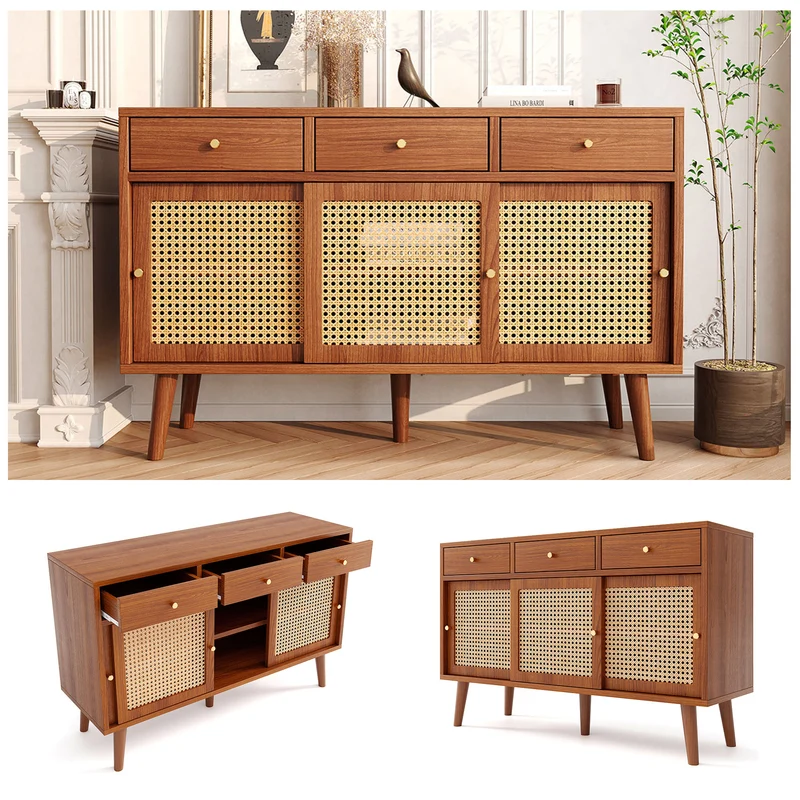 Buffet effet noyer vintage 3 tiroirs et 3 portes coulissantes en rotin UGELL