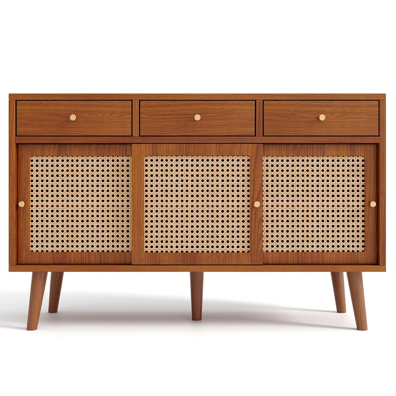 Buffet effet noyer vintage 3 tiroirs et 3 portes coulissantes en rotin UGELL
