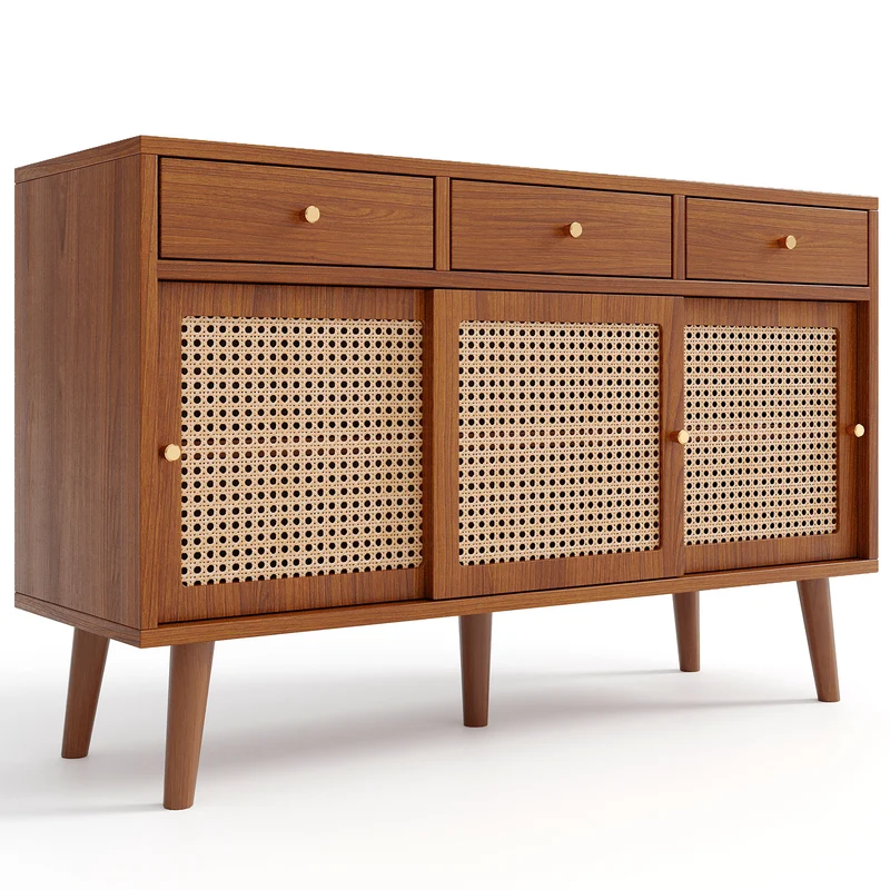 Buffet effet noyer vintage 3 tiroirs et 3 portes coulissantes en rotin UGELL