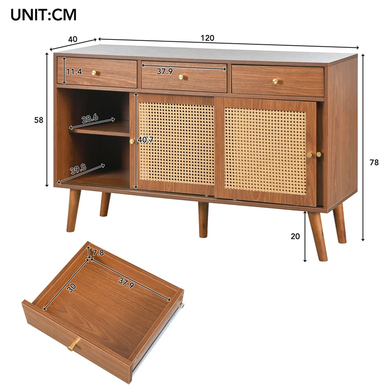 Buffet effet noyer vintage 3 tiroirs et 3 portes coulissantes en rotin UGELL