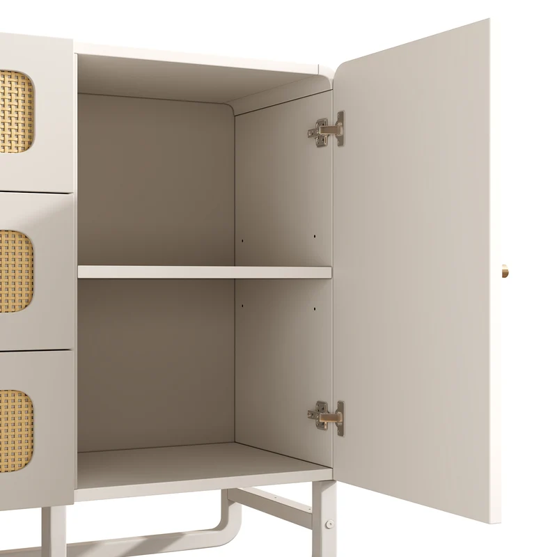Buffet blanc et portes en rotin tissé, 3 tiroirs, 1 porte et pieds en métal TURION