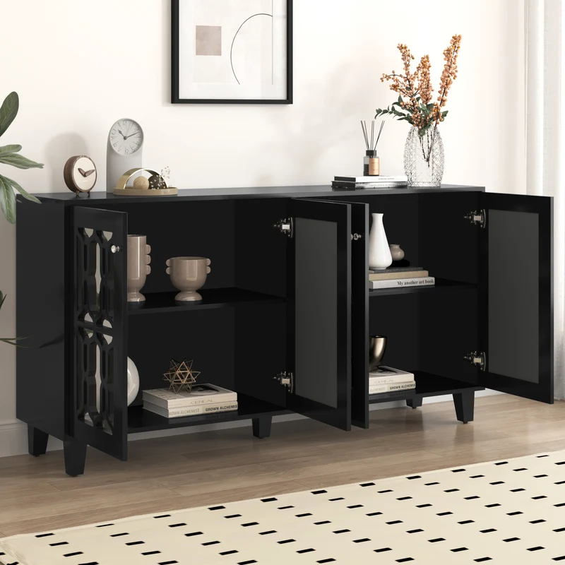 Buffet noir design 4 portes miroir motif géométrique et poignées en cristal froid 160*40*84cm VOVRATH BLACK