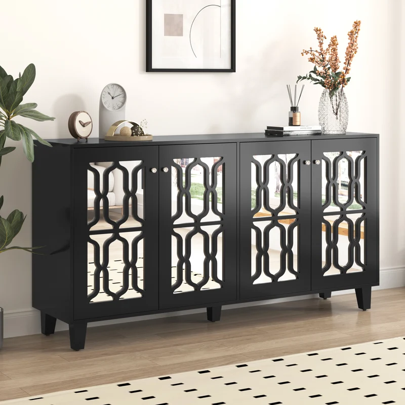 Buffet noir design 4 portes miroir motif géométrique et poignées en cristal froid 160*40*84cm VOVRATH BLACK