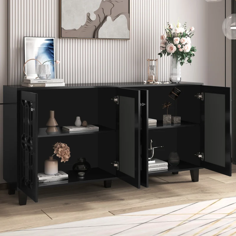 Buffet noir design 4 portes miroir motif géométrique et poignées en cristal froid 160*40*84cm VOVRATH BLACK