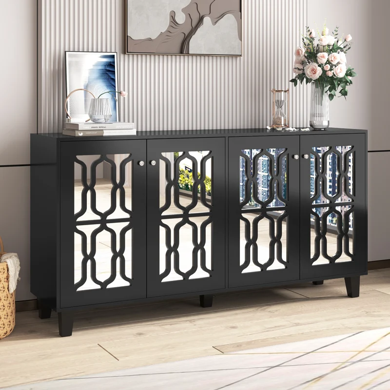 Buffet noir design 4 portes miroir motif géométrique et poignées en cristal froid 160*40*84cm VOVRATH BLACK