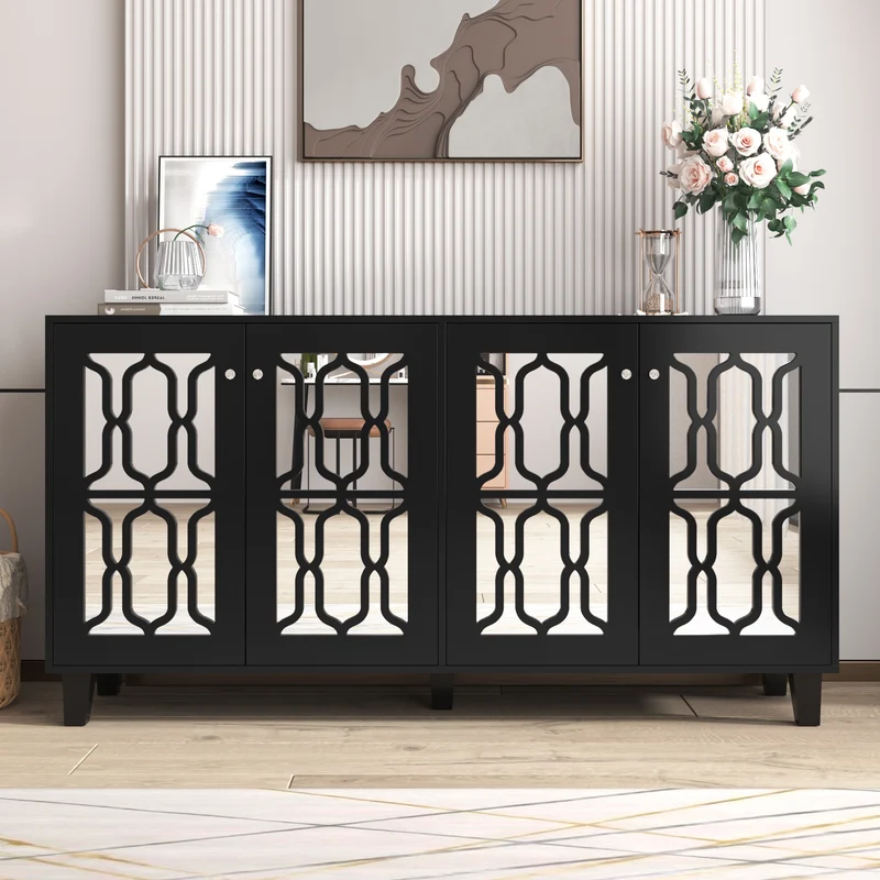 Buffet noir design 4 portes miroir motif géométrique et poignées en cristal froid 160*40*84cm VOVRATH BLACK