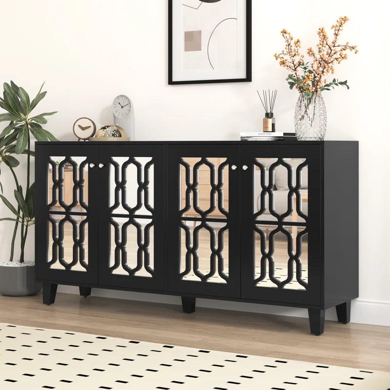 Buffet noir design 4 portes miroir motif géométrique et poignées en cristal froid 160*40*84cm VOVRATH BLACK