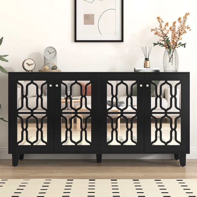 Buffet noir design 4 portes miroir motif géométrique et poignées en cristal froid 160*40*84cm VOVRATH BLACK