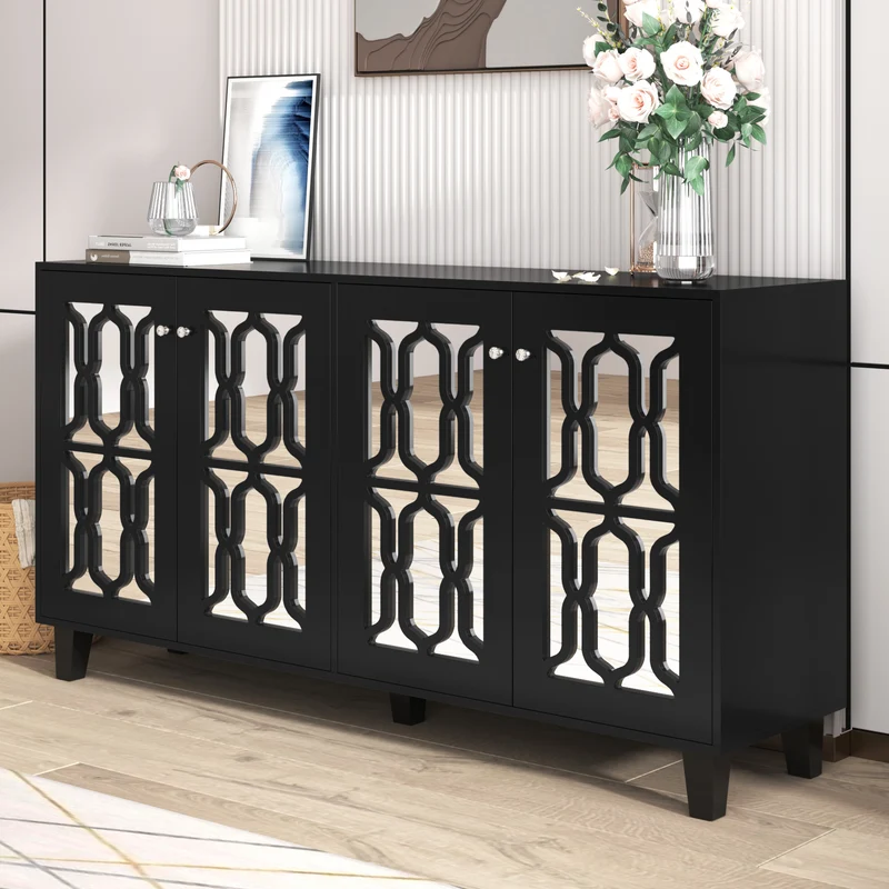 Buffet noir design 4 portes miroir motif géométrique et poignées en cristal froid 160*40*84cm VOVRATH BLACK