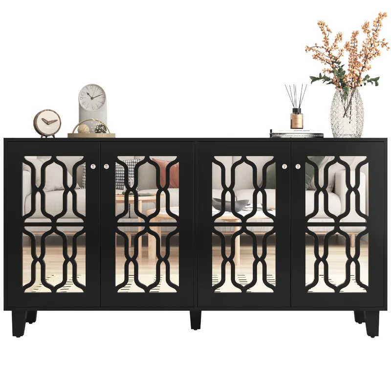 Buffet noir design 4 portes miroir motif géométrique et poignées en cristal froid 160*40*84cm VOVRATH BLACK