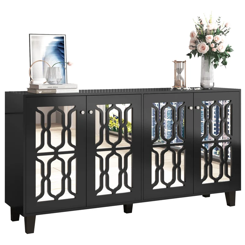 Buffet noir design 4 portes miroir motif géométrique et poignées en cristal froid 160*40*84cm VOVRATH BLACK