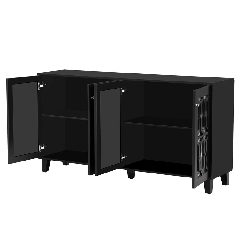 Buffet noir design 4 portes miroir motif géométrique et poignées en cristal froid 160*40*84cm VOVRATH BLACK