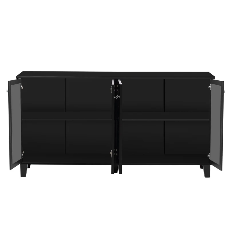 Buffet noir design 4 portes miroir motif géométrique et poignées en cristal froid 160*40*84cm VOVRATH BLACK