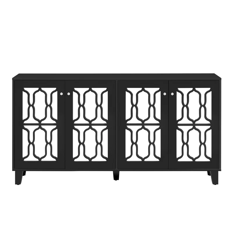 Buffet noir design 4 portes miroir motif géométrique et poignées en cristal froid 160*40*84cm VOVRATH BLACK